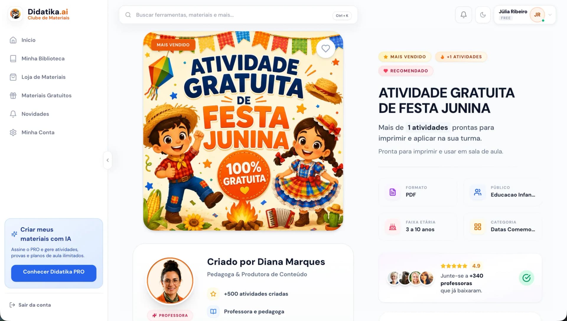 Página de um produto no Clube Didatika, mostrando a capa do material, avaliações de professoras e informações como formato, público e categoria.
