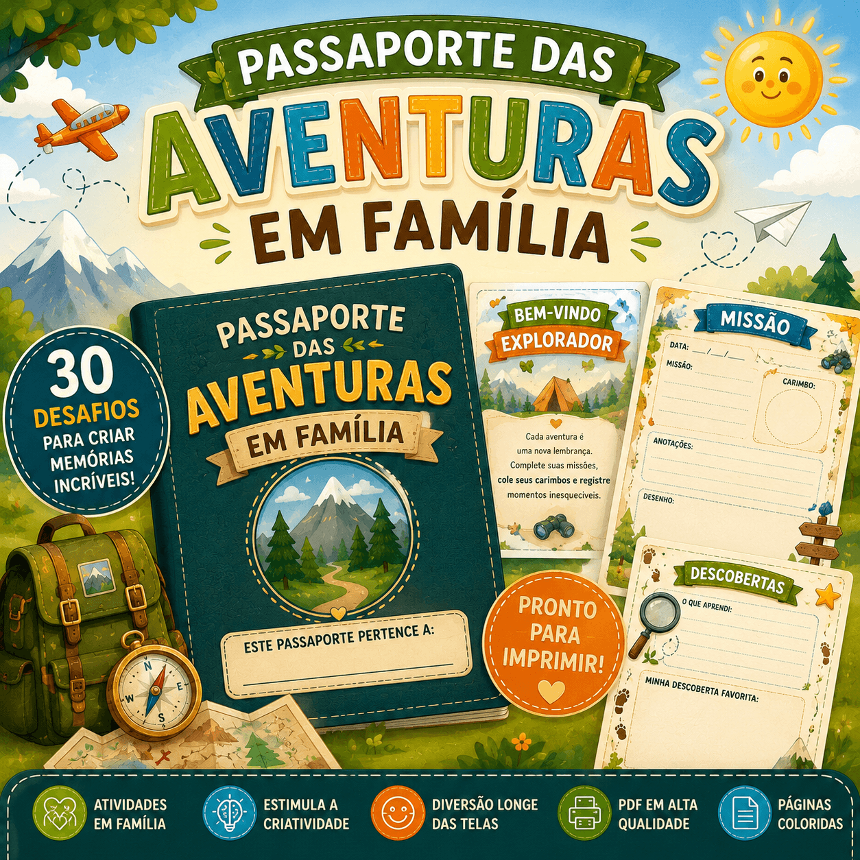 Passaporte das Aventuras em Família | 30 Desafios para Imprimir